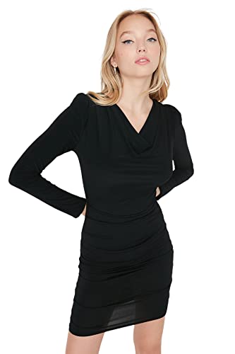 Trendyol Damen Figurbetont Bodycon Wasserfallausschnitt Gestrickt Kleid, Schwarz, 40 Trendyol Damen Figurbetont Bodycon Wasserfallausschnitt Gestrickt Kleid, Schwarz, 40 von TRENDYOL