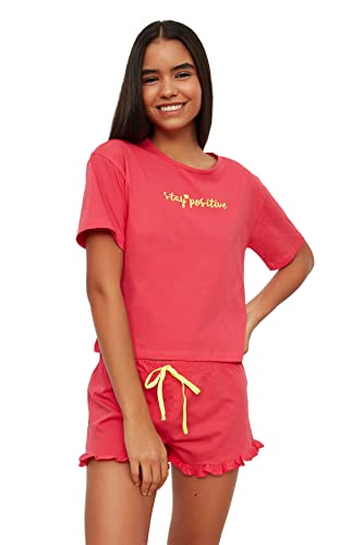 Trendyol Damen Fuchsia Embroidered Knitted Kit Pajama Set, Fuchsia, S EU von TRENDYOL