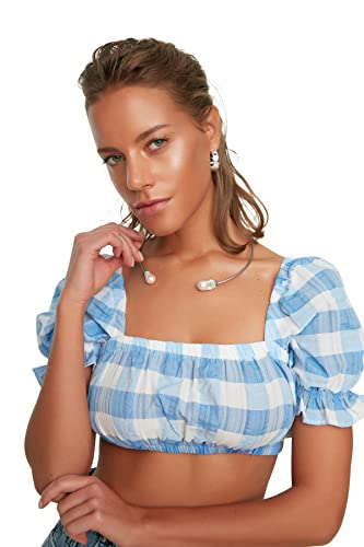 Trendyol Damen Plaid Ballon Sleeve Crop Bluse Blouse, Blau, 38 EU von TRENDYOL