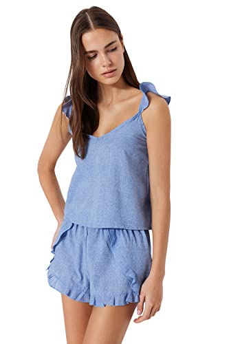 TRENDYOL Damen Pyjama-Set, Gewebt, Einfarbig, Shorts Schlafanzug, Blau, 62 von TRENDYOL