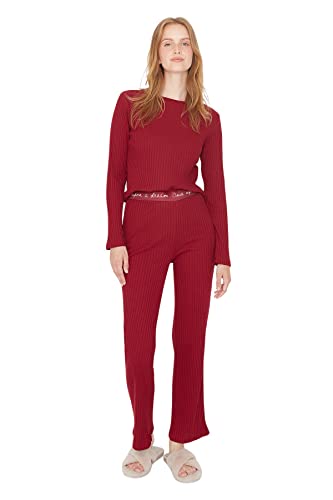 Trendyol Damen Unifarben Gestreift Mitte Webstoff T-Shirt-Hose Pyjama, Bordeaux, S von TRENDYOL