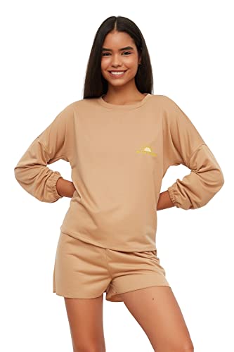 Trendyol Damen Unifarben Knopf Gestrickt T-Shirt-Shorts Pyjama, Beige, L von TRENDYOL