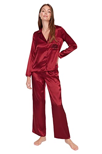 Trendyol Damen Unifarben Tasche Webstoff Hemd-Hose Pyjama, Bordeaux, 40 von TRENDYOL