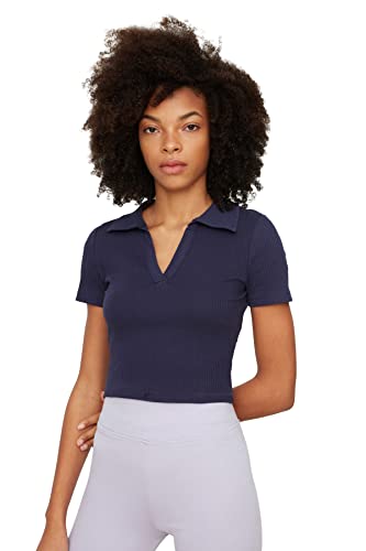 Trendyol Damen V-neck Crop Gestrickte Bluse Blouse, Navy, S EU von TRENDYOL