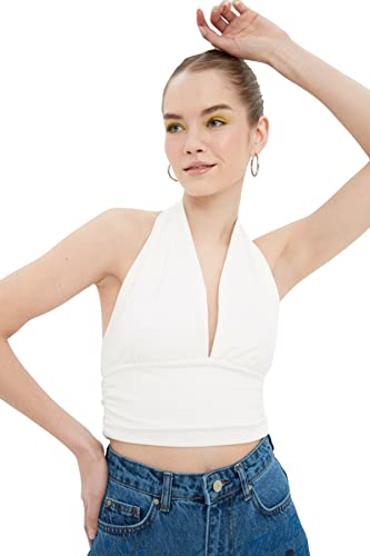 Trendyol Damen Woman Young Fitted Basic Halterneck Woven Blouse Bluse, schmale Passform, Neckholder, Strick, Natur, S Trendyol Damen Woman Young Fitted Basic Halterneck Woven Blouse Bluse, schmale Passform, Neckholder, Strick, Natur, S von TRENDYOL