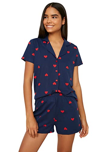 Trendyol Damen Women Heart Middle Knit Shirt-Trousers Pajama Set Pyjama, Navy Blue, S (2er Pack) von TRENDYOL