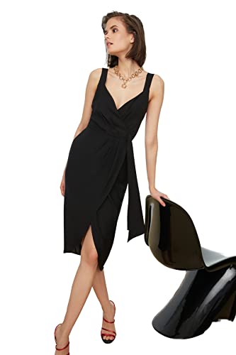 Trendyol Damen Women Wrapover Regular fit Woven Dress Midi-Wickelkleid mit normaler Passform, Black, 60 von TRENDYOL