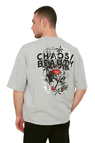 Trendyol Herren Herrenübergroße Passform 100% Baumwolle Runder Kragen Kurzarm Drucken T-shirt T Shirt, Gray, S EU von TRENDYOL