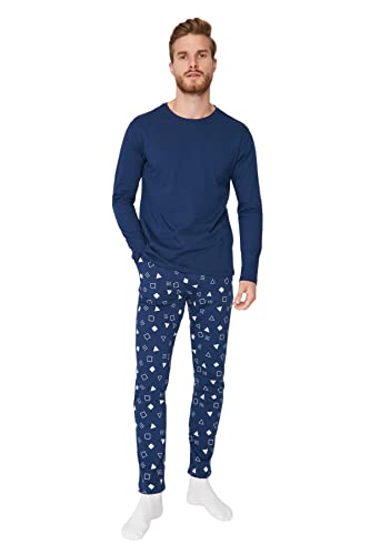 Trendyol Herren Mit Slogan Dünn Gestrickt T-Shirt-Hose Pyjama, Marineblau, M von TRENDYOL