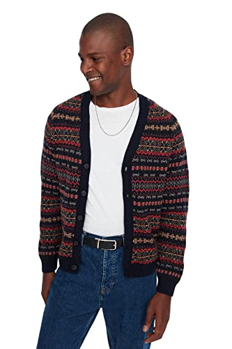 Trendyol Herren V-Ausschnitt Ethno-Muster Slim Cardigan Pullover, Marineblau, XX-Large von TRENDYOL