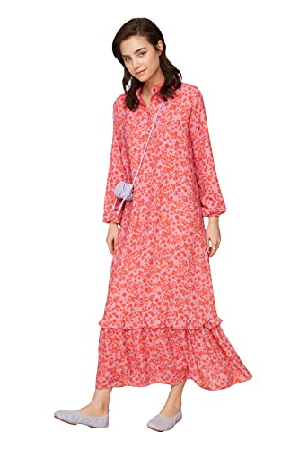 Trendyol Modest Damen Flower Patterned Half Patch Skirt End Frilly Woven Dress, Rot, 44 EU von TRENDYOL