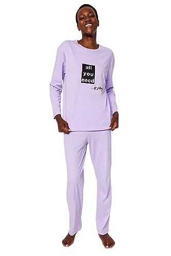 Trendyol Women's Damen Motto Lange Ärmel Freizeitkleidung Entspannt Pyjama Pajama Set, Plum, 36 von TRENDYOL