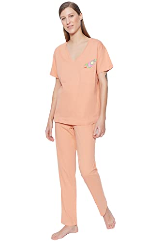 Trendyol Women's Damen gedruckt Kurzarm Lounge/Zuhause Entspannt Pyjama Pajama Set, Somon, M von TRENDYOL