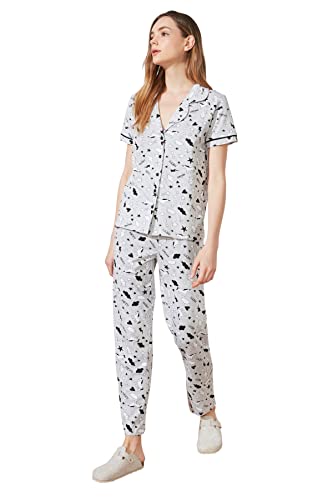 Trendyol Women's Grafiken gedrucktes gestricktes Pyjamas-Team Pajama Set, Gray, Medium von TRENDYOL