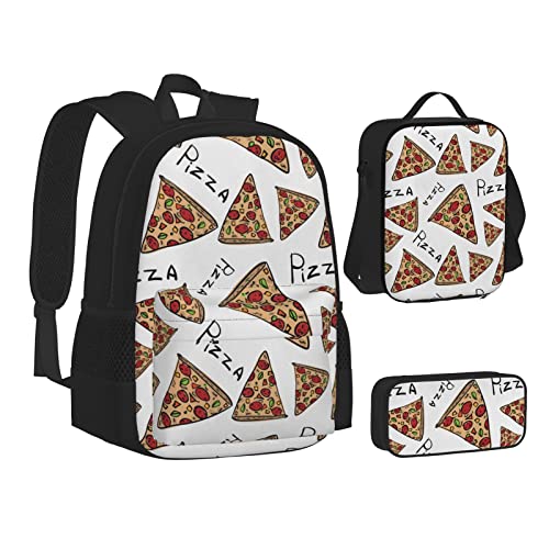 TRESILA Rucksack für Kinder, Jungen, Mädchen, strapazierfähiges Polyester, Schultasche, Büchertasche mit Lunchtasche und Federmäppchen (3-in-1-Rucksack-Set), rote Liebesrosen, Pizza-Muster, von TRESILA