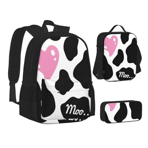 TRESILA Rucksack für Kinder, Jungen, Mädchen, strapazierfähiges Polyester, Schultasche, Büchertasche mit Lunchtasche und Federmäppchen (3-in-1-Rucksack-Set)/altes Wikingerboot, Schwarz-weiße Milchkuh, von TRESILA