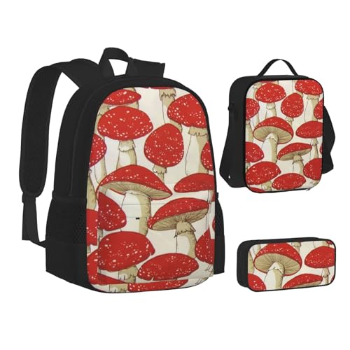 TRESILA Rucksack für Kinder, Jungen und Mädchen, strapazierfähiges Polyester, Schultasche, Büchertasche mit Lunchtasche und Federmäppchen (3-in-1-Rucksack-Set), Rot / Weiß, Rot-weißer Pilz, One size von TRESILA
