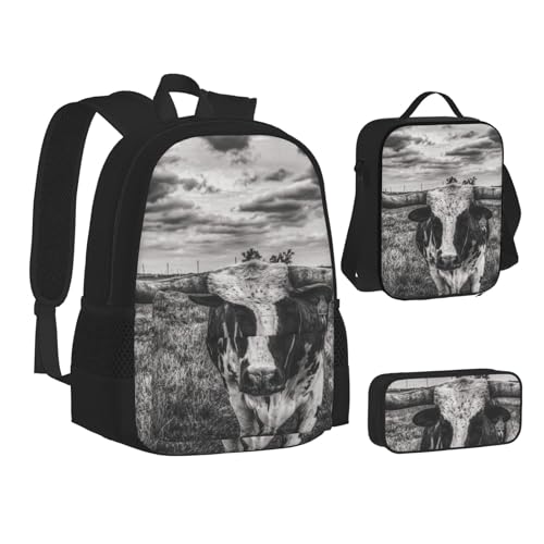 TRESILA Rucksack für Kinder, Jungen und Mädchen, strapazierfähiges Polyester, Schultasche, Büchertasche mit Lunchtasche und Federmäppchen (3-in-1-Rucksack-Set)/Cowboy-Reitpferd, Schwarz-weiße Kuh, One von TRESILA