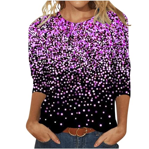 3/4 Ärmel Pullover Damen Glitzer Druck Oberteile Festlich Bluse Langarm T-Shirt Pailletten Muster Langarmshirt Leicht Basic Shirt Rundhals Pulli Tops Tunika Große Größen Abend Party Club Oberteil von TRIGLICOLEUM