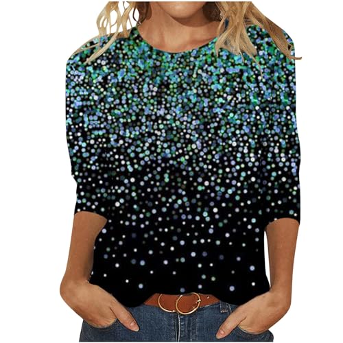 3/4 Ärmel Pullover Damen Glitzer Druck Oberteile Festlich Bluse Langarm T-Shirt Pailletten Muster Langarmshirt Leicht Basic Shirt Rundhals Pulli Tops Tunika Große Größen Abend Party Club Oberteil von TRIGLICOLEUM