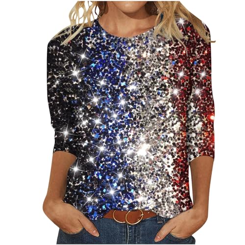 3/4 Ärmel Pullover Damen Glitzer Druck Oberteile Festlich Bluse Langarm T-Shirt Pailletten Muster Langarmshirt Leicht Basic Shirt Rundhals Pulli Tops Tunika Große Größen Abend Party Club Oberteil von TRIGLICOLEUM