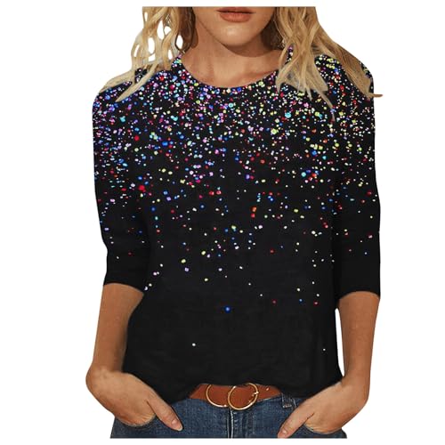 3/4 Ärmel Pullover Damen Glitzer Druck Oberteile Festlich Bluse Langarm T-Shirt Pailletten Muster Langarmshirt Leicht Basic Shirt Rundhals Pulli Tops Tunika Große Größen Abend Party Club Oberteil von TRIGLICOLEUM