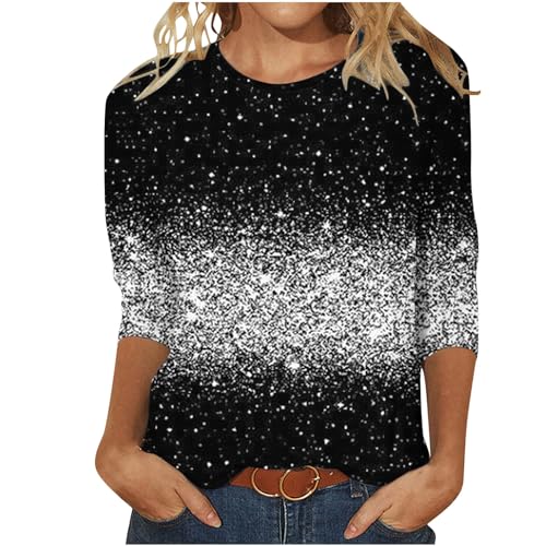 3/4 Ärmel Pullover Damen Glitzer Druck Oberteile Festlich Bluse Langarm T-Shirt Pailletten Muster Langarmshirt Leicht Basic Shirt Rundhals Pulli Tops Tunika Große Größen Abend Party Club Oberteil von TRIGLICOLEUM