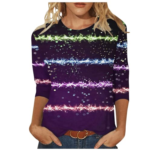 3/4 Ärmel Pullover Damen Glitzer Druck Oberteile Festlich Bluse Langarm T-Shirt Pailletten Muster Langarmshirt Leicht Basic Shirt Rundhals Pulli Tops Tunika Große Größen Abend Party Club Oberteil von TRIGLICOLEUM