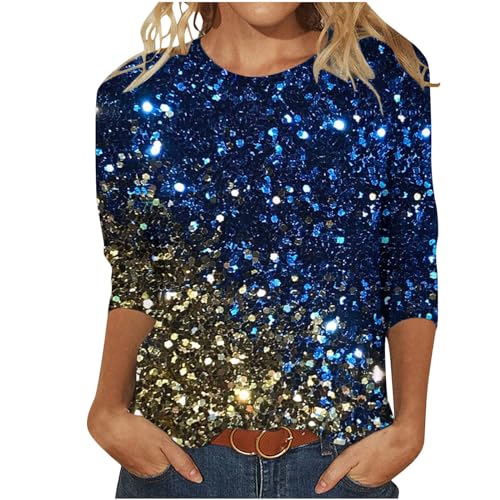 3/4 Ärmel Pullover Damen Glitzer Druck Oberteile Festlich Bluse Langarm T-Shirt Pailletten Muster Langarmshirt Leicht Basic Shirt Rundhals Pulli Tops Tunika Große Größen Abend Party Club Oberteil von TRIGLICOLEUM