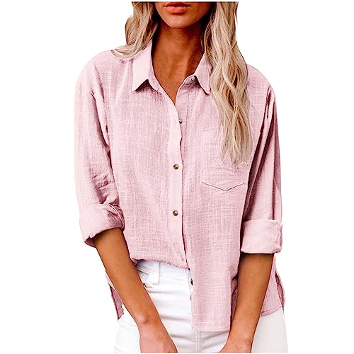 Bluse Damen Button Down Hemdbluse Elegant Einfarbig Hemd Blusenshirt Revers Shirts Langarm Tshirt Knöpfe Longbluse Sommer Tops Shirt Hemdbluse Lose Oberteile Große Größen Damenblusen mit Tasche von TRIGLICOLEUM