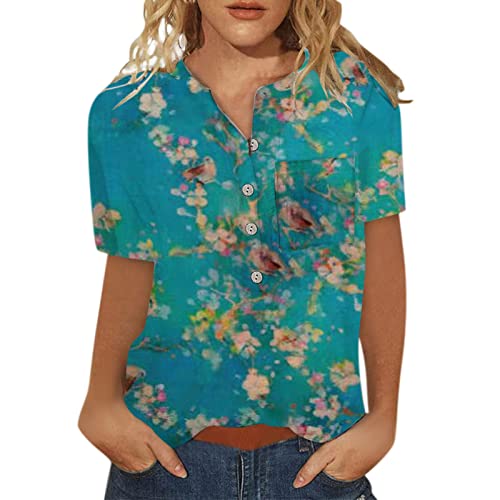 Bluse Damen Elegant Kurzarm T-Shirt Oberteile Bunte Blumenmuster Druck Tunika Shirt Lose Knöpfe mit Kragen Sommershirts Mode Damenblusen Kurz Ärmel Blumen Bluse Tshirt Blusenshirt Blusentops von TRIGLICOLEUM