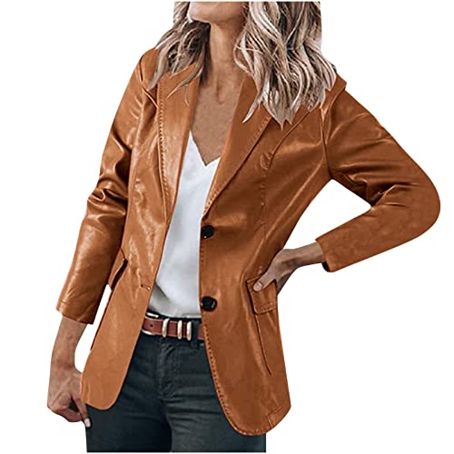 Damen Lederblazer Business Anzug Lederhemd Elegant Langarm Blazer Einfarbig Slim Fit Jacke Blusenjacke Ohne Verschluss Strickjacke Reverskragen Übergangsjacke Leder Motorradjacke Anzugjacke Für Büro von TRIGLICOLEUM