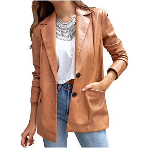 Damen Lederblazer Temperament Lederhemd Elegant Langarm Blazer Longblazer Einfarbig Slim Fit Jacke Ohne Verschluss Strickjacke Reverskragen Übergangsjacke Leder Motorradjacke Business Anzugjacke von TRIGLICOLEUM