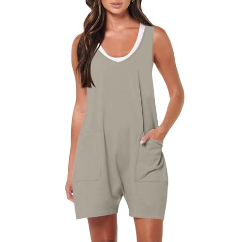 Discounter Jumpsuit Damen Elegant Kurz Trägerhose Einfarbig Playsuit Hose V-Ausschnitt Sommerhose Latzhose Sommer Shorts Overall mit Taschen Leichte Arbeitshose Onesie Freizeithose Locker von TRIGLICOLEUM