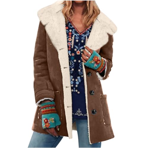 Fleecejacke Damen Vintage Wildleder Jacke Lange Gefütterte Winterjacke Einfarbig Einreihige Strickjacke Dicker Warmer Wintermantel Umlegekragen Cardigan Wildlederimitat Mantel Winter Langarm Outwear von TRIGLICOLEUM