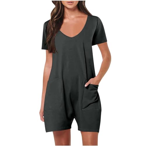 Geschenke für Frauen Jumpsuit Damen Elegant Kurz Trägerhose Einfarbig Playsuit Hose V-Ausschnitt Sommerhose Latzhose Sommer Shorts Overall mit Taschen Leichte Arbeitshose Onesie Freizeithose von TRIGLICOLEUM