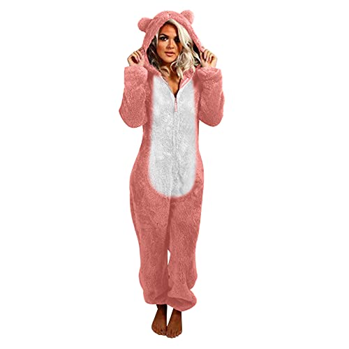 Jumpsuit Damen Teddy Fleece Schlafanzug Einteiler Onesie Winter Fluffy Pyjama Kuschelig Overall mit Kapuze Große Größen Hosenanzug Warm Flauschig Schlafoverall Lange Weihnachtspyjama Ganzkörperanzug von TRIGLICOLEUM