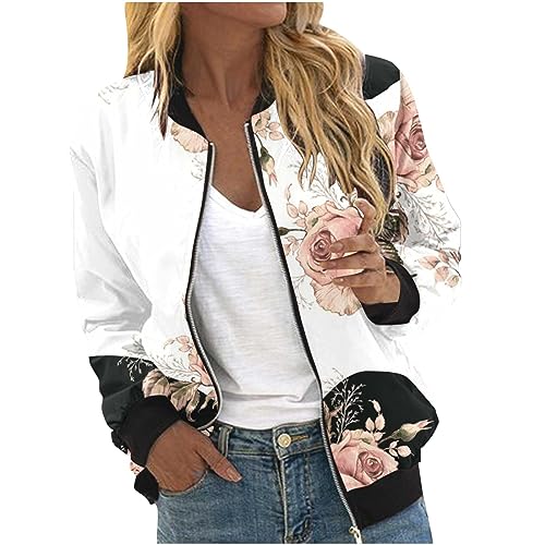 Kurz Bomberjacke Damen Einfarbig Fliegerjacke mit Reißverschluss 2023 Bomber Jacket Casual Blouson Jacke Langarm Übergangsjacke Blumenmuster Freizeitjacke Herbst Winter Leichte Pilotenjacke Outwear von TRIGLICOLEUM