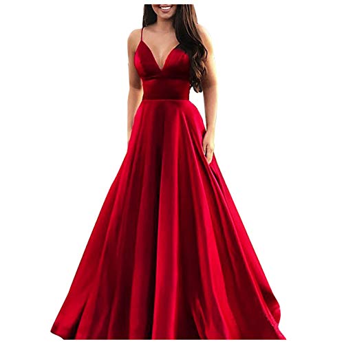 Langes Maxikleid Damen Elegantes Einfarbiges Swing Kleider Sexy Ballkleid Trägerkleid mit V-Ausschnitt Mode Fließendes Abendkleid Cocktailkleid mit Hoher Taille Schlitz Ärmelloses Karnevalskleid von TRIGLICOLEUM