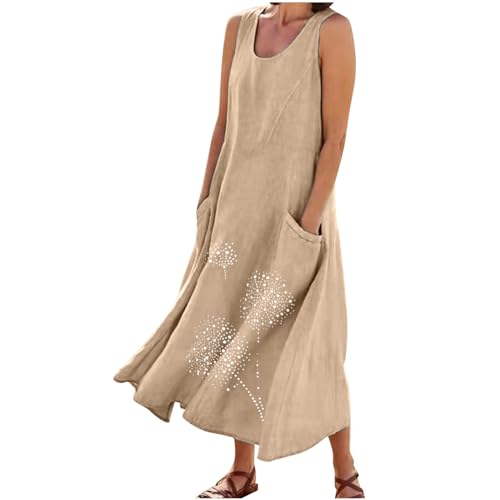 Leinenkleid Damen Sommer Strandkleid Lang Sommerkleid Ärmellos Tankkleid Vintage Baumwoll Leinen Kleider Rundhals Maxikleid A-Linie Kleid Große Größen Partykleid Einfarbig Strandkleider für Frauen von TRIGLICOLEUM