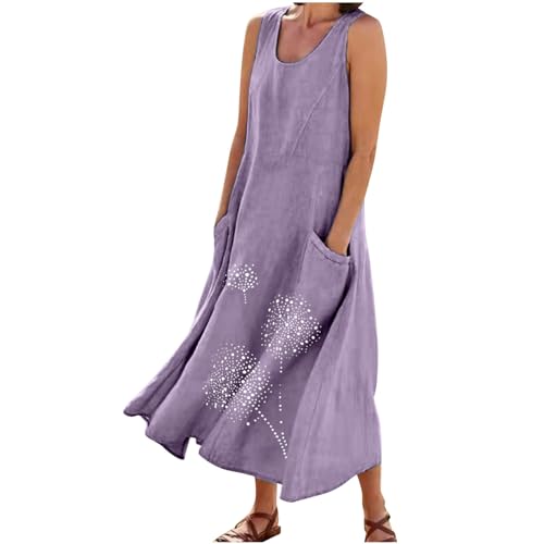 Leinenkleid Damen Sommer Strandkleid Lang Sommerkleid Ärmellos Tankkleid Vintage Baumwoll Leinen Kleider Rundhals Maxikleid A-Linie Kleid Große Größen Partykleid Einfarbig Strandkleider für Frauen von TRIGLICOLEUM