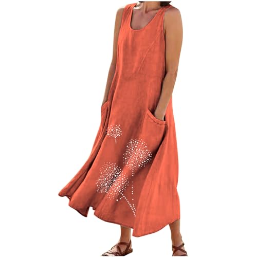 Leinenkleid Damen Sommer Strandkleid Lang Sommerkleid Ärmellos Tankkleid Vintage Baumwoll Leinen Kleider Rundhals Maxikleid A-Linie Kleid Große Größen Partykleid Einfarbig Strandkleider für Frauen von TRIGLICOLEUM