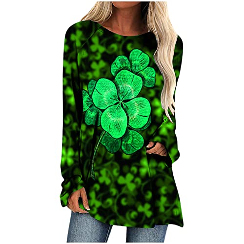 Longshirt Damen St. Patrick's Day Lange Bluse Irisches Kleeblatt Druck Pullover Lustig Leichte Tunika Shirt Oversize Oberteile Pulli Tops mit Rundhalsausschnitt Wichtel Langarmshirt Sommer Blusenshirt von TRIGLICOLEUM