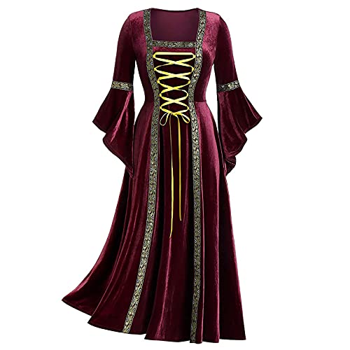 Mittelalter Kleidung Damen Gothic Langes Abendkleider Halloween Kostüm Golden Velvet Maxikleid Ausgestellte ärmel Ballkleid Punk Cocktailkleid Viktorianisches Prinzessinnen Kleider Karneval Partykleid von TRIGLICOLEUM