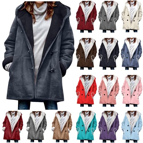 Oversize Fleecejacke Damen Lang Einfarbig Winterjacke Wildleder Sweatjacke mit Kapuze Zweireihige Strickjacke Warme Fleece Wintermantel Winter Kapuzenjacke Lose Langarm Hoodie Jacke Mantel Taschen von TRIGLICOLEUM