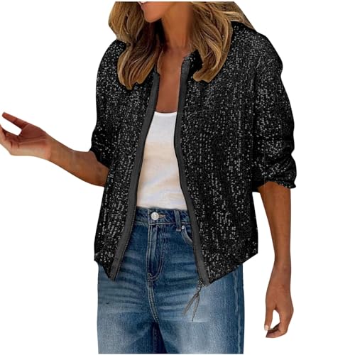 Pailletten Blazer Damen Kurze Einfarbige Jacke mit Glitzer Leichte Herbstjacke Langärmeliger Anzug Herbst Winter Party Anzugjacke Offene Front Übergangsjacke Cardigan Jacket Kurzjacke Club Mantel von TRIGLICOLEUM