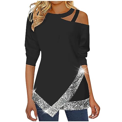 Pailletten Oberteil Damen Sexy Schulterfrei Bluse Langarmshirt Unregelmäßig Saum Longshirt Lang Rundhals Pullover Einfarbig Glitzer Tops Langarm Tshirt Festliche Tunika Plus Size Shirt Party Longbluse von TRIGLICOLEUM