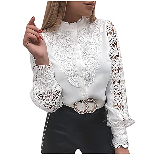 Pullover mit Spitze Damen Elegant Einfarbig Bluse Aushöhlen Langarmshirt Spitzennähte V-Ausschnitt Transparent Oberteile Spitzen Blumen Langarm Tshirt Tunika Tops Basic Shirt Blusentops S-XXL von TRIGLICOLEUM