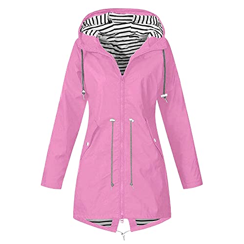 Regenjacke Damen Wasserdicht Atmungsaktiv Outdoorjacke Leicht Gestreifte Jacke mit Kapuze Winddicht Softshelljacke Herbst Winter Langes Übergangsjacke Regenmäntel zum Wandern Reisen Treking Fahrrad von TRIGLICOLEUM