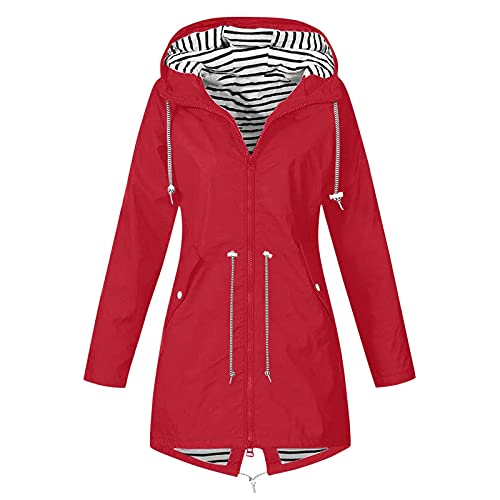 Regenjacke Damen Wasserdicht Atmungsaktiv Outdoorjacke Leicht Gestreifte Jacke mit Kapuze Winddicht Softshelljacke Herbst Winter Langes Übergangsjacke Regenmäntel zum Wandern Reisen Treking Fahrrad von TRIGLICOLEUM